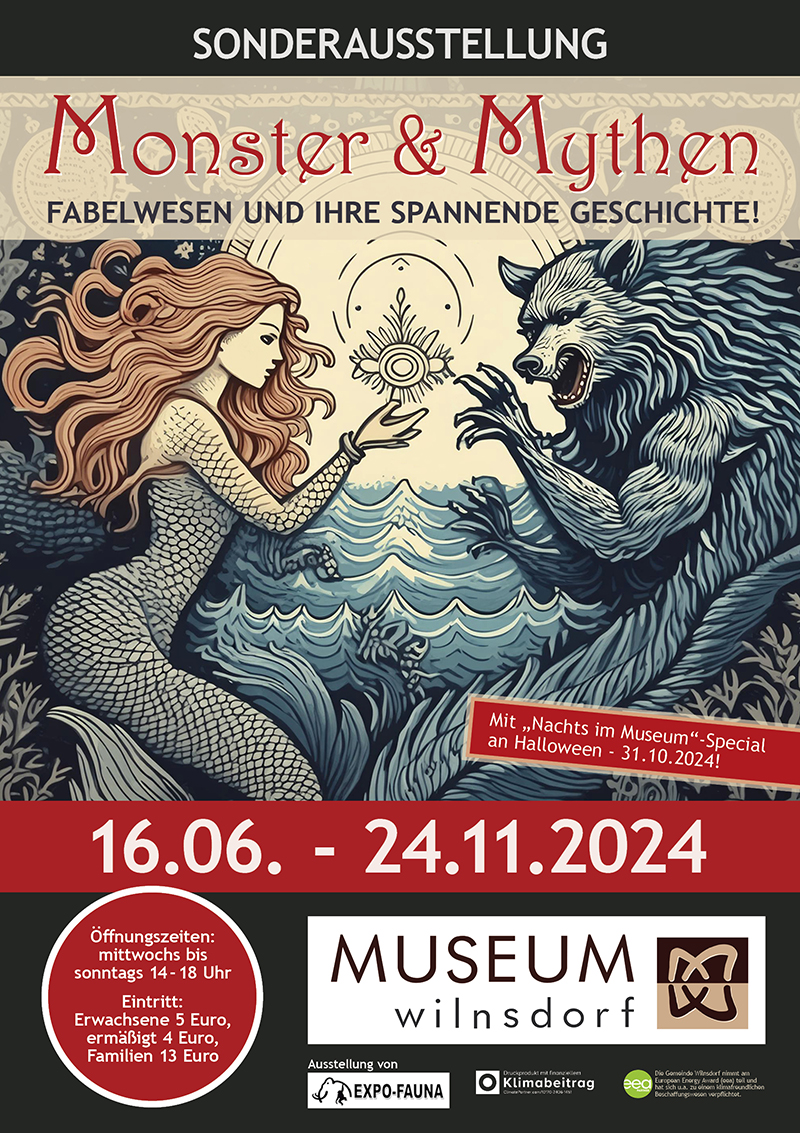 Plakat zur Sonderausstellung "Monster & Mythen" mit der Abbildung einer Meerjungfrau und eines Werwolfs