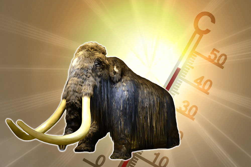 Mammut auf einem Hintergrund mit Sonne und Thermometer, welches hohe Temperaturen anzeigt